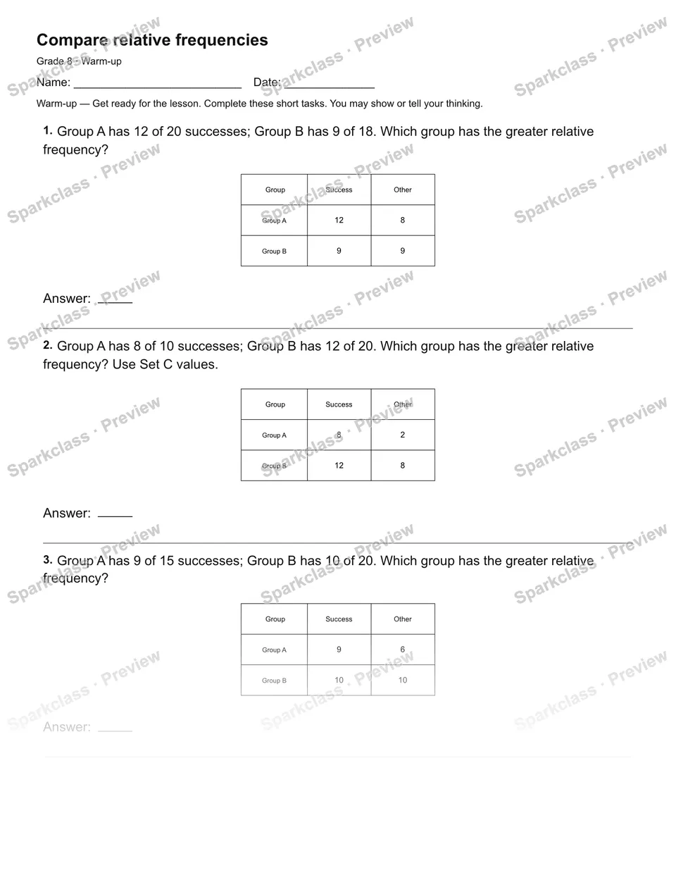 Compare relative frequencies — Warm-up — Grade 8 worksheet preview