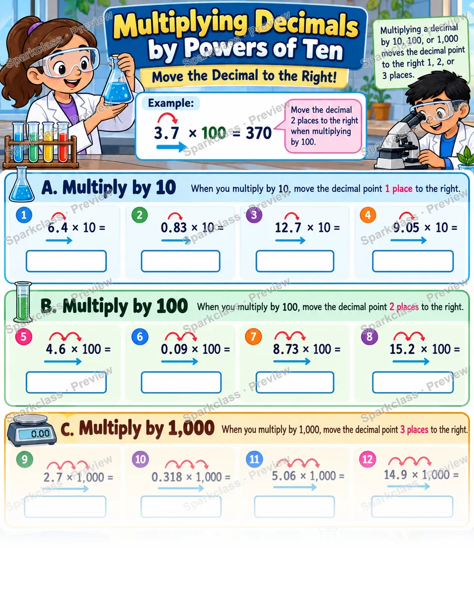 Multiply Decimals by Powers of 10 — Grade 5 worksheet preview