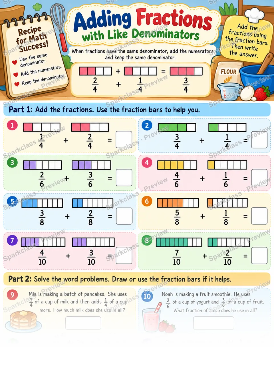 Add Fractions With Like Denominators — Grade 4 worksheet preview