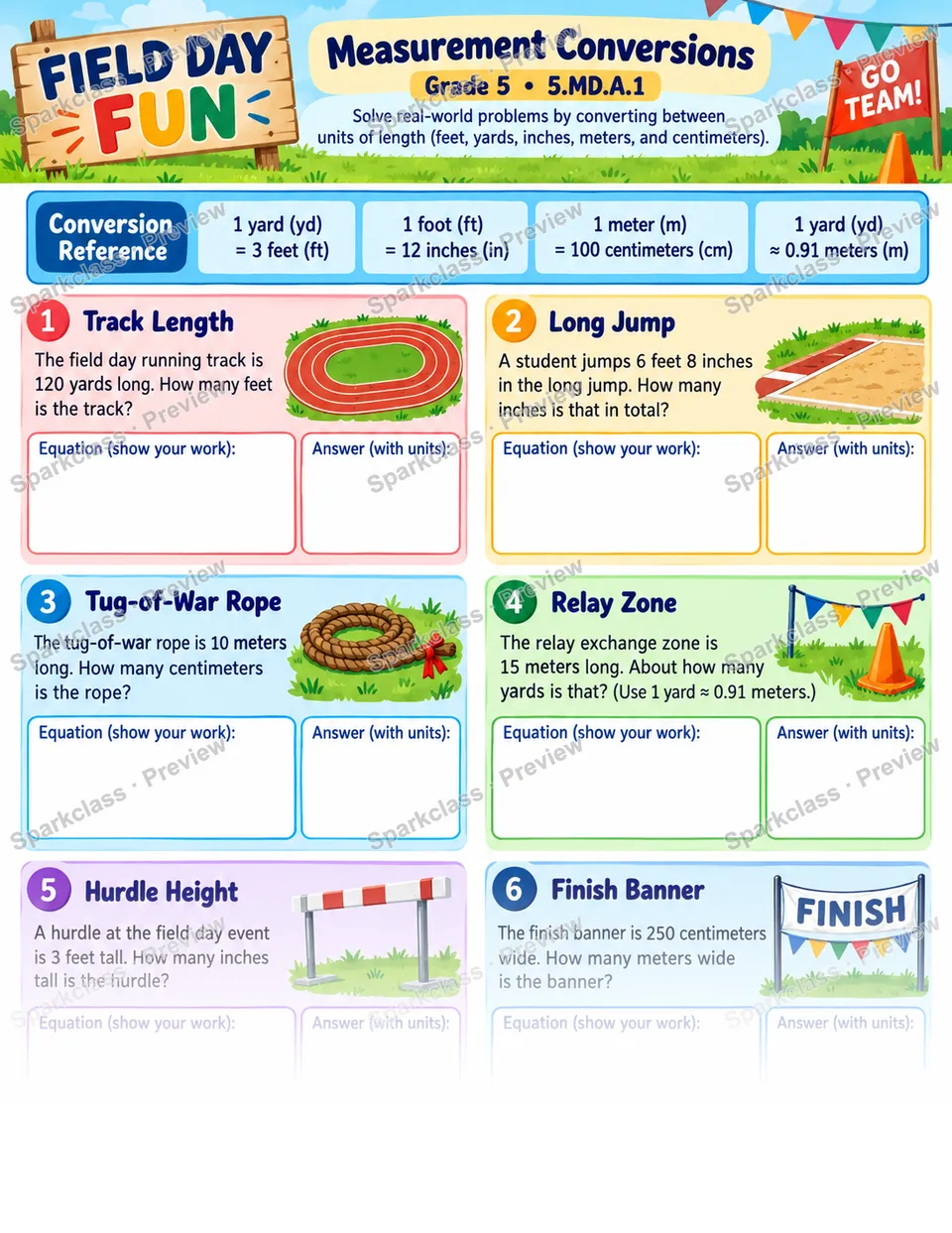 Measurement Conversion · Field Day — Grade 5 worksheet preview