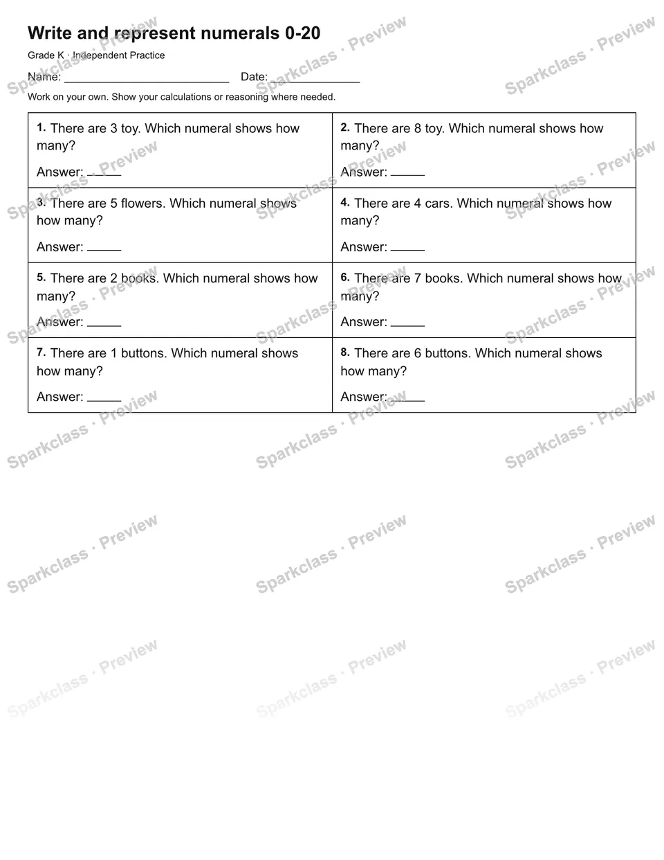 Write and represent numerals 0-20 — Independent Practice — Kindergarten worksheet preview