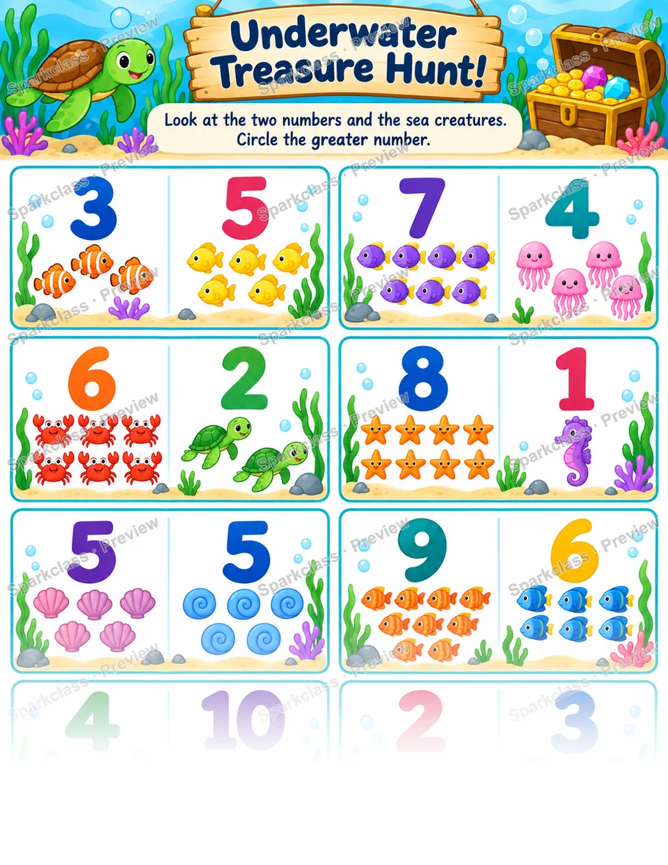 Compare Numbers · Underwater Treasure Hunt — Kindergarten worksheet preview