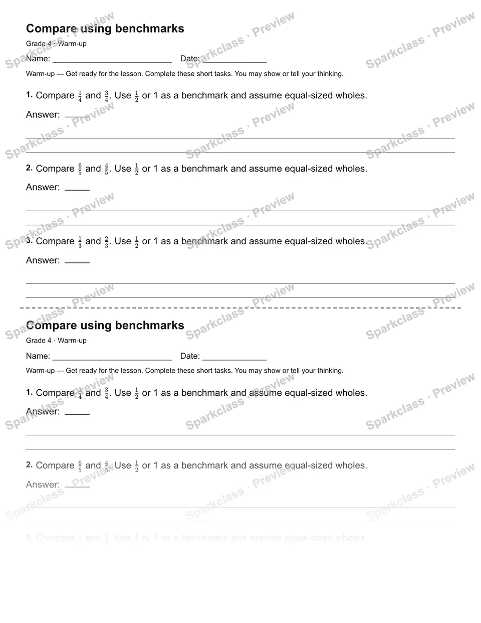 Compare using benchmarks — Warm-up — Grade 4 worksheet preview