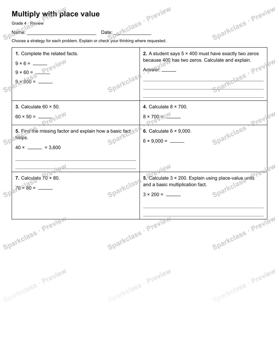 Multiply with place value — Review — Grade 4 worksheet preview