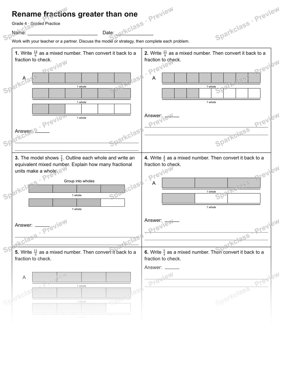 Rename fractions greater than one — Guided Practice — Grade 4 worksheet preview