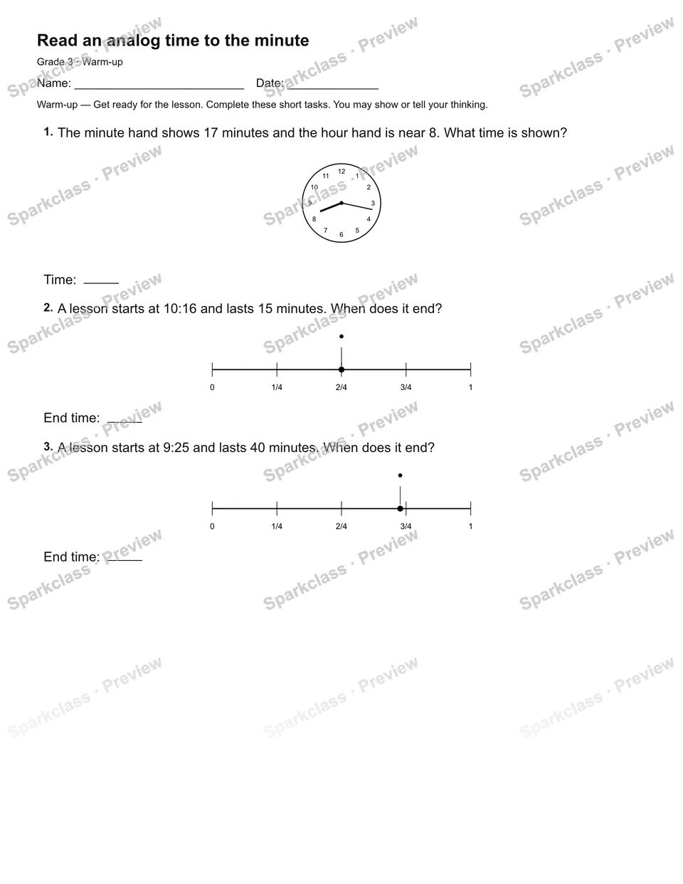 Read an analog time to the minute — Warm-up — page 2