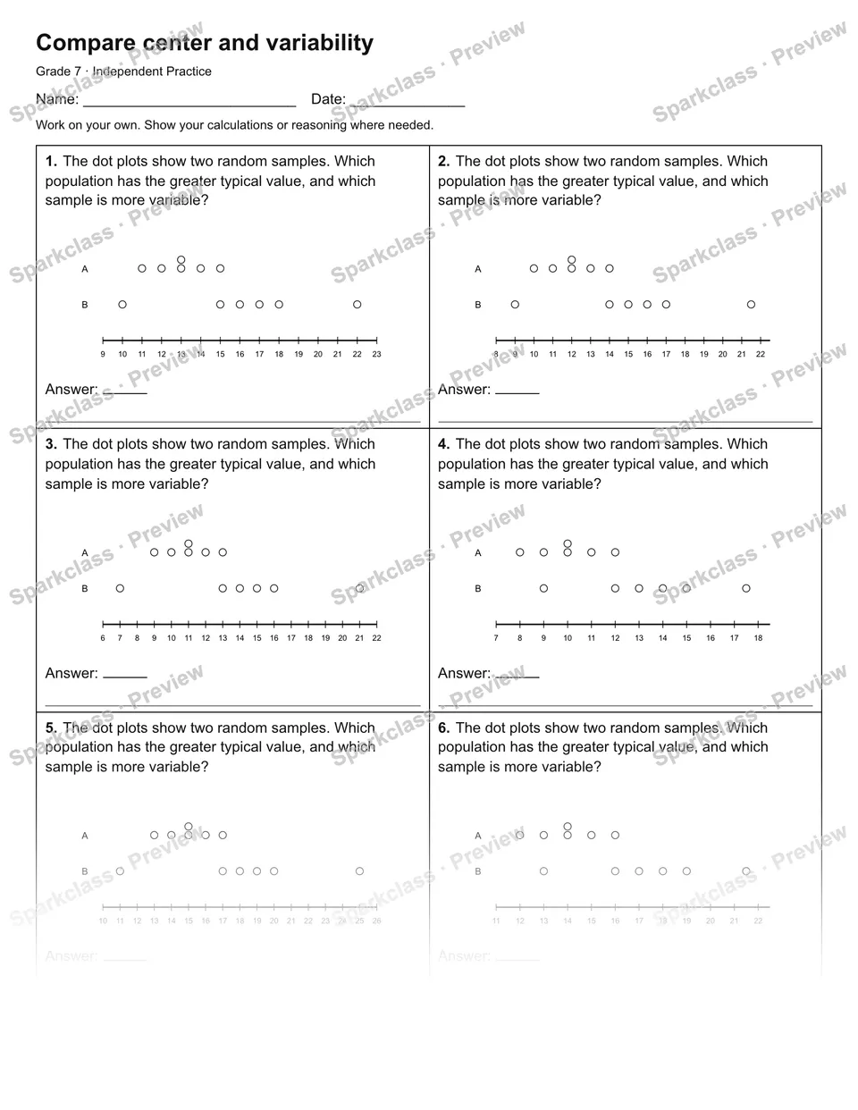 Compare center and variability — Independent Practice — Grade 7 worksheet preview