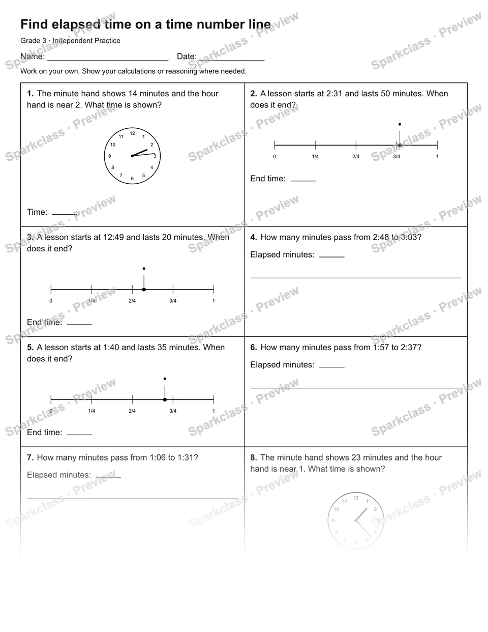 Find elapsed time on a time number line — Independent Practice — Grade 3 worksheet preview
