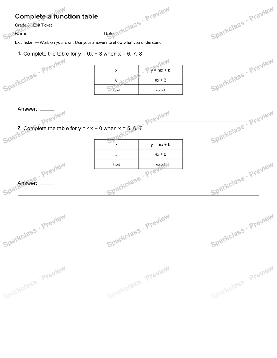 Complete a function table — Exit Ticket — page 2