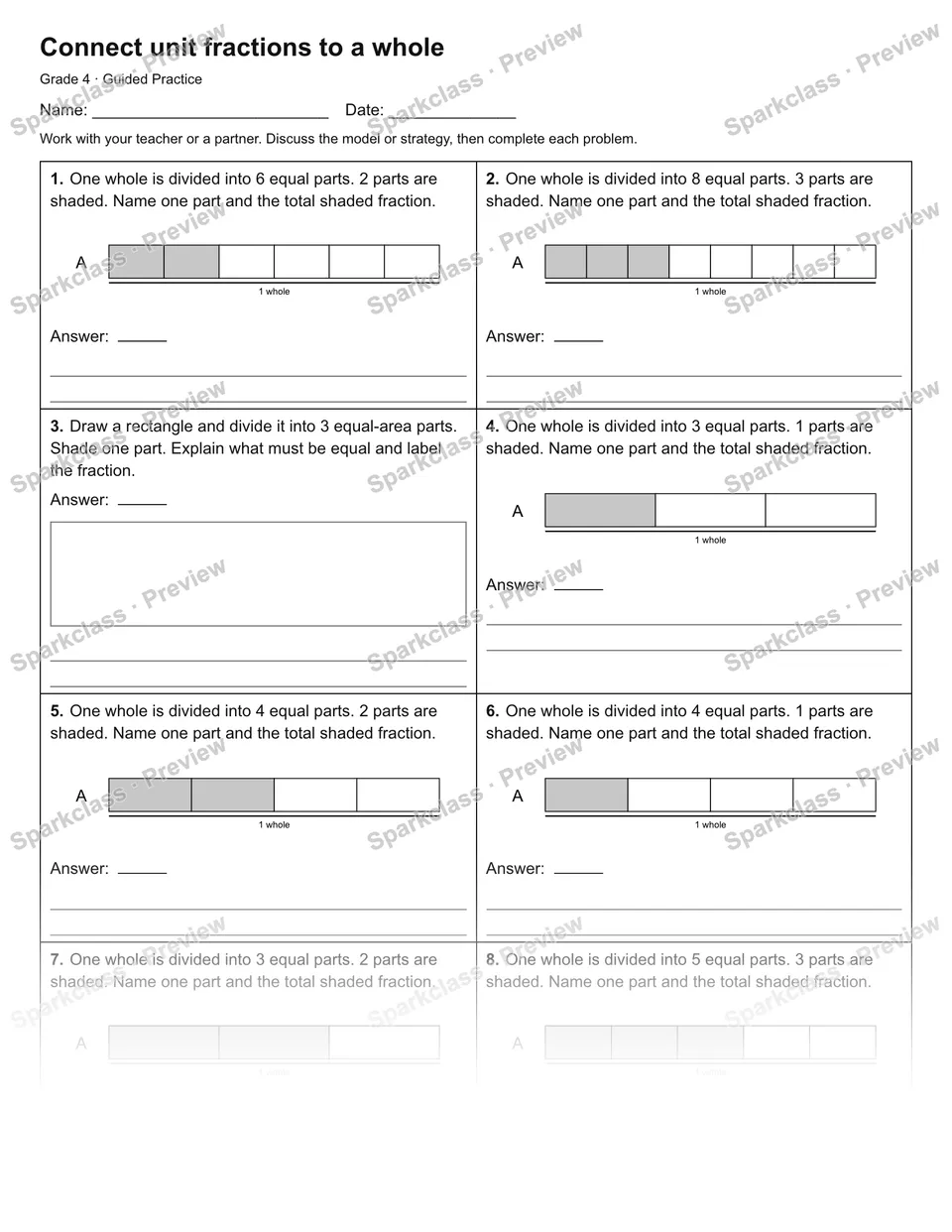 Connect unit fractions to a whole — Guided Practice — Grade 4 worksheet preview