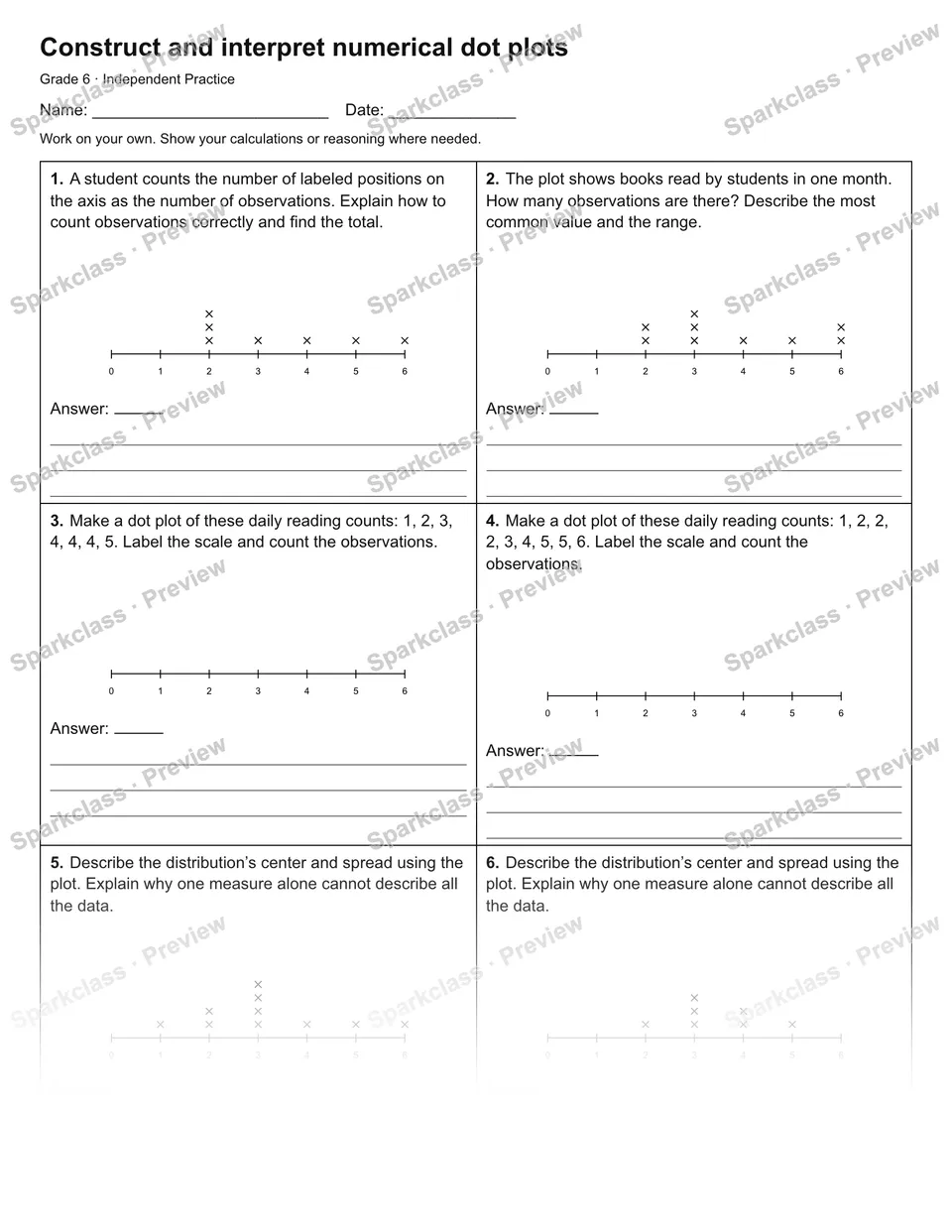 Construct and interpret numerical dot plots — Independent Practice — Grade 6 worksheet preview