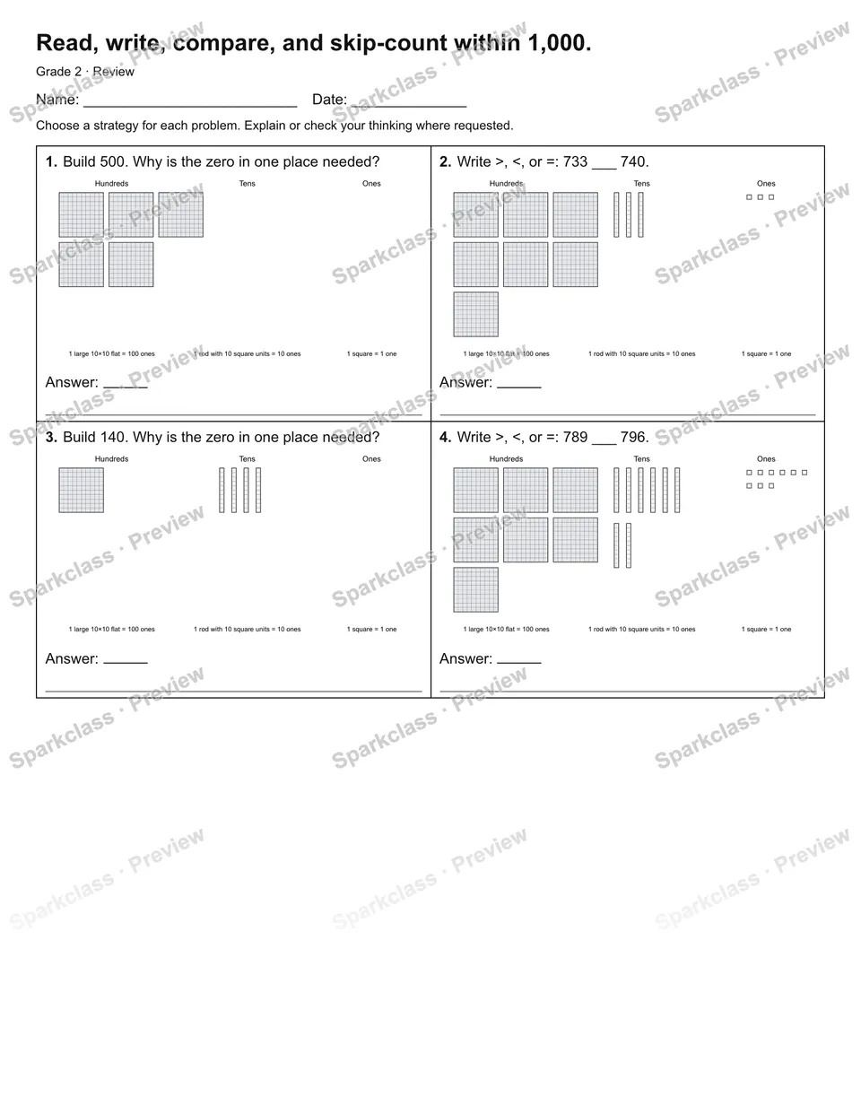 Read, write, compare, and skip-count within 1,000. — Review — Grade 2 worksheet preview