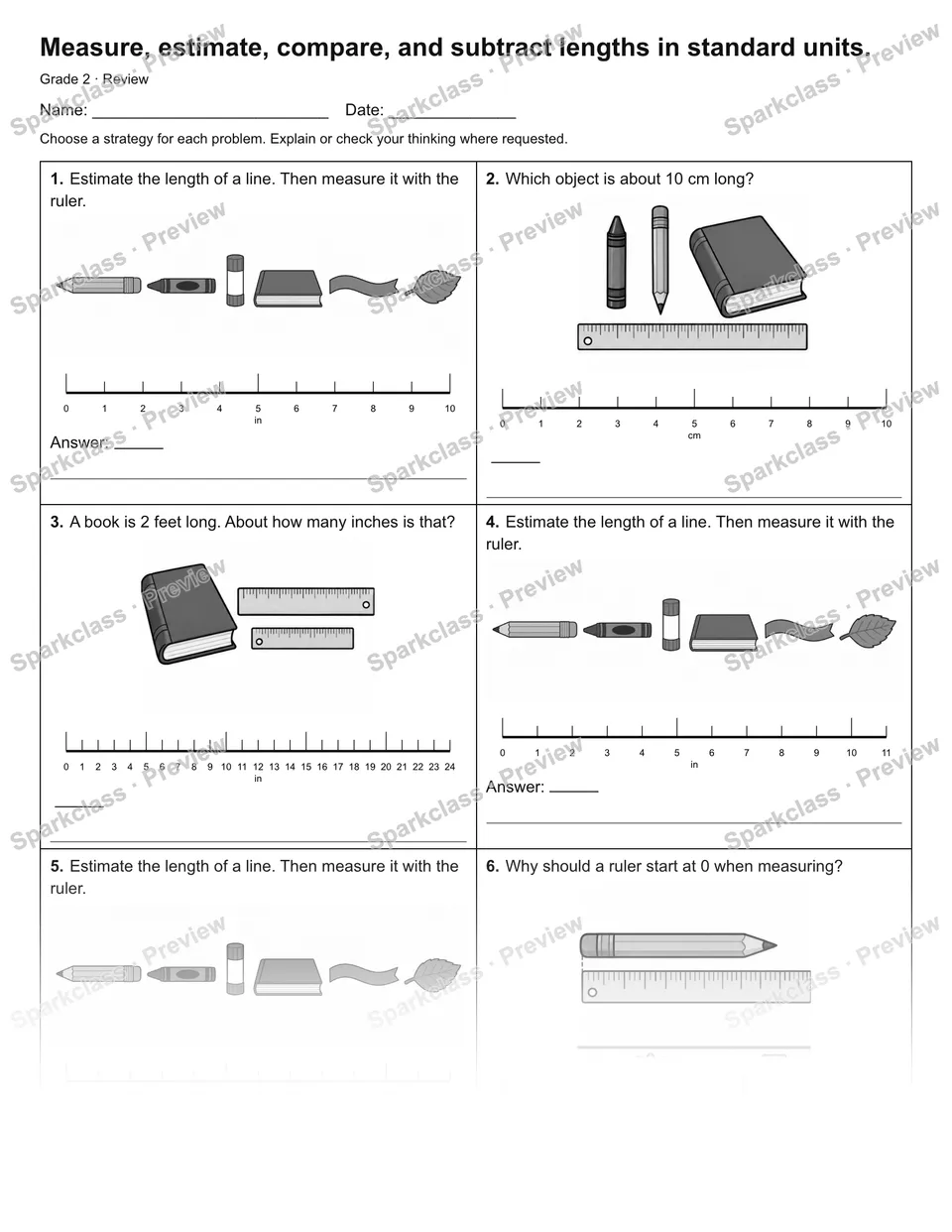 Measure, estimate, compare, and subtract lengths in standard units. — Review — Grade 2 worksheet preview