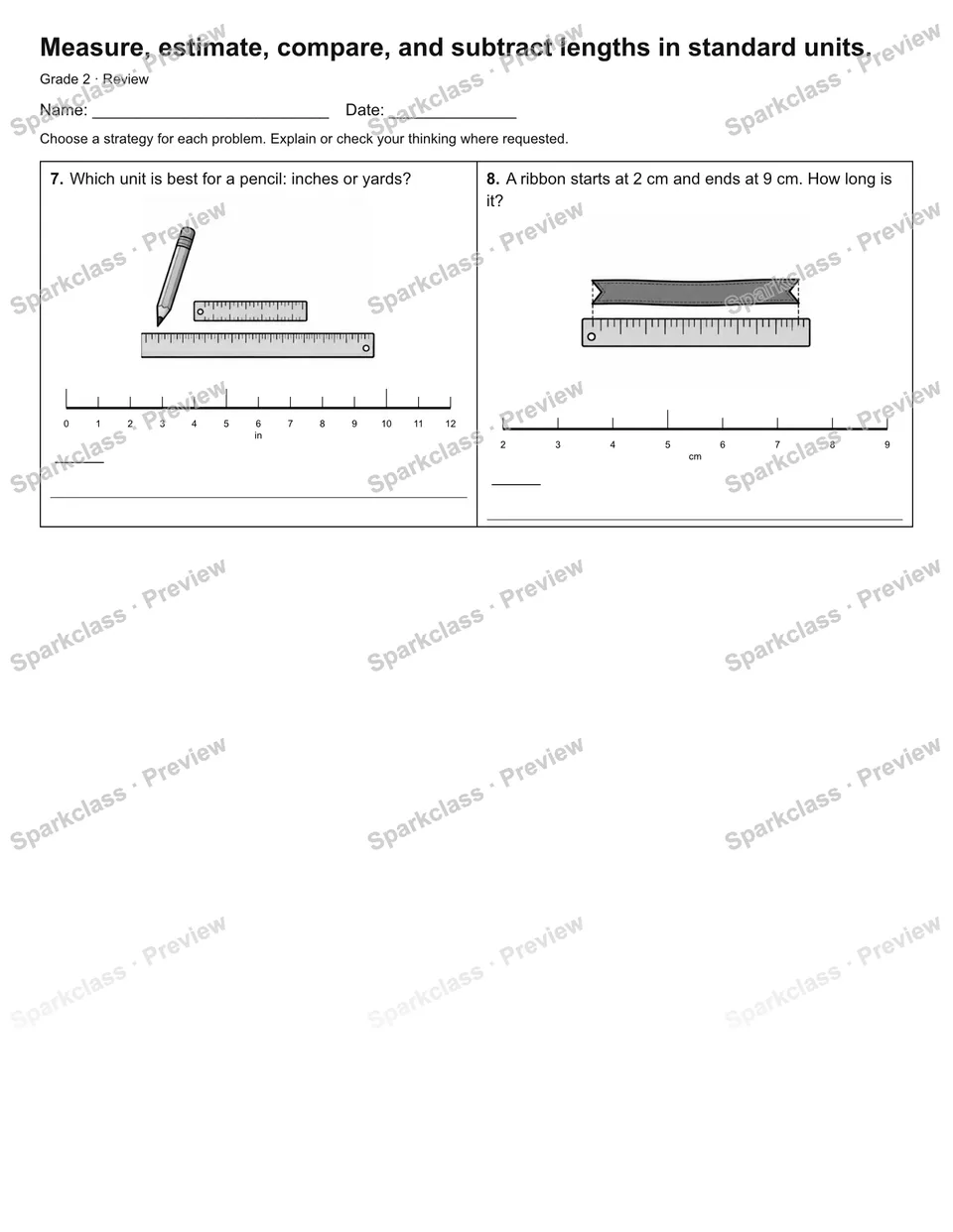 Measure, estimate, compare, and subtract lengths in standard units. — Review — page 2