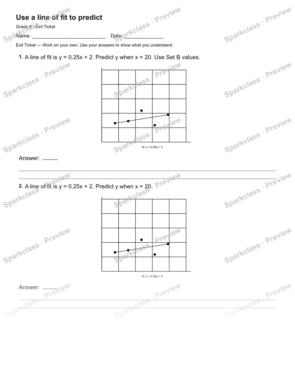 Use a line of fit to predict — Exit Ticket — Grade 8 worksheet preview