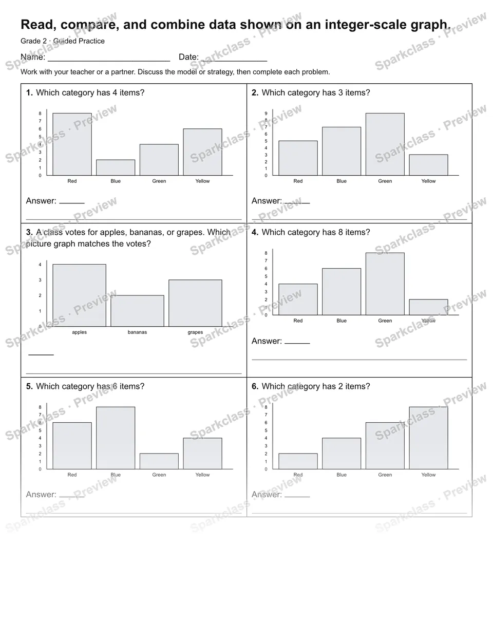 Read, compare, and combine data shown on an integer-scale graph. — Guided Practice — Grade 2 worksheet preview