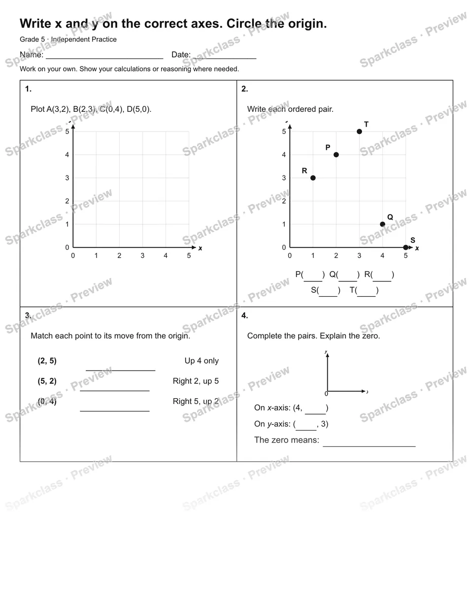 Write x and y on the correct axes. Circle the origin. — Independent Practice — Grade 5 worksheet preview