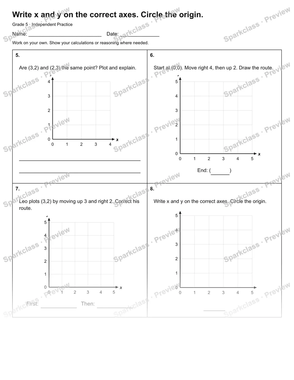 Write x and y on the correct axes. Circle the origin. — Independent Practice — page 2