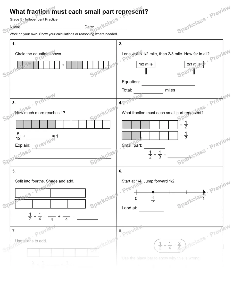 What fraction must each small part represent? — Independent Practice — Grade 5 worksheet preview