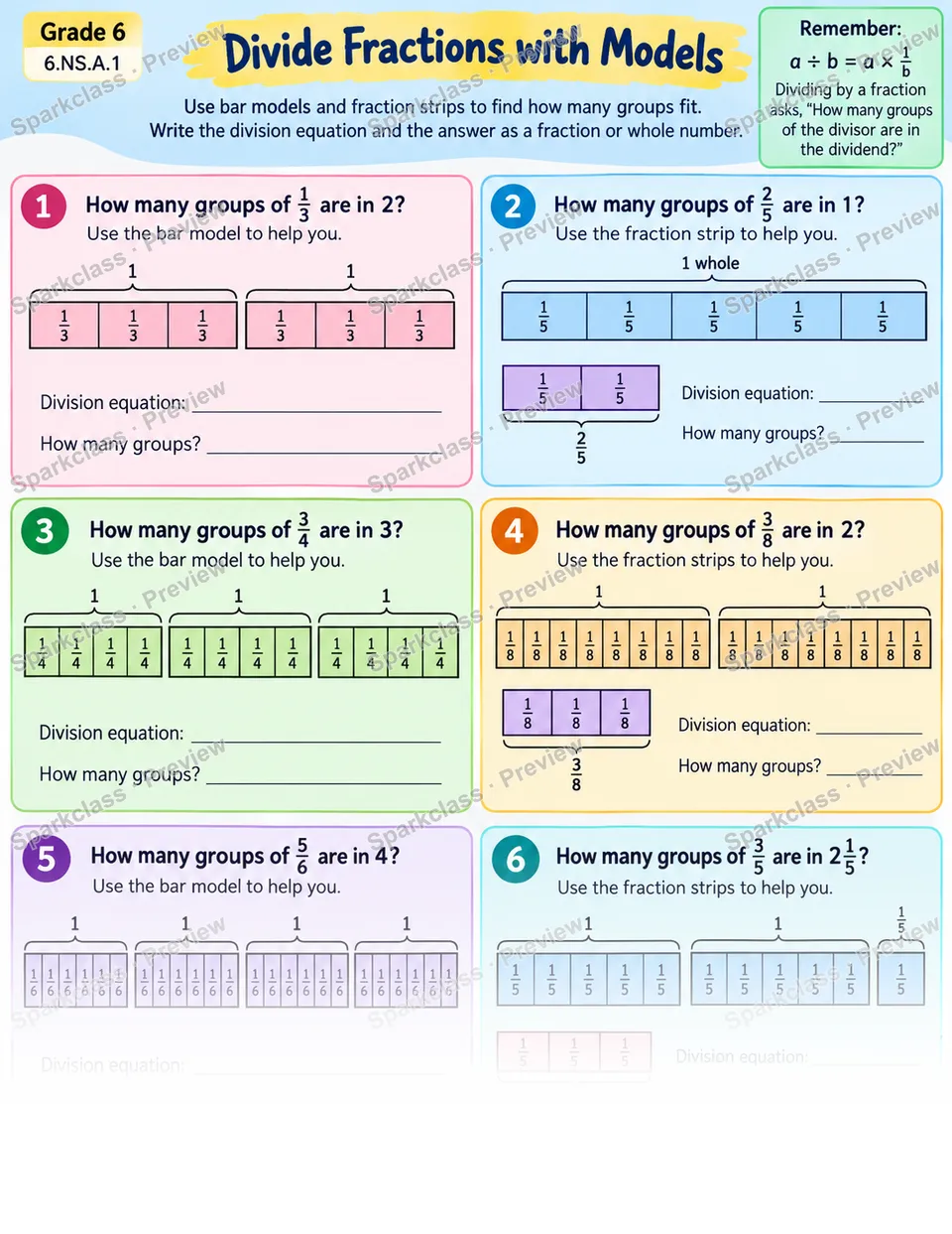 Fraction Division Models — Grade 6 worksheet preview