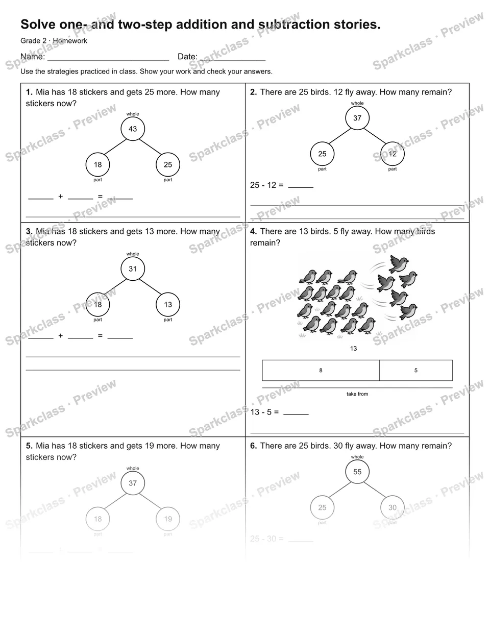 Solve one- and two-step addition and subtraction stories. — Homework — Grade 2 worksheet preview
