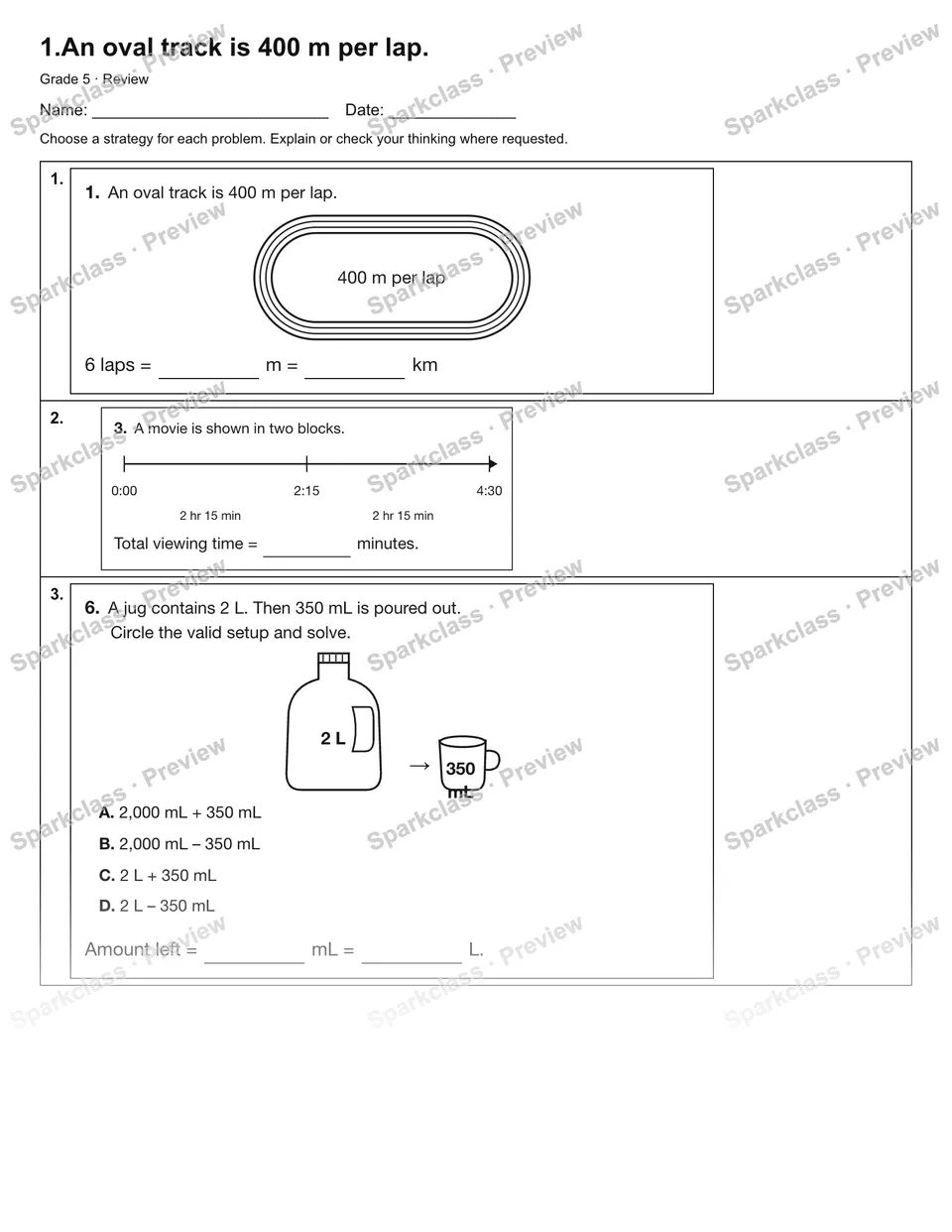 1.An oval track is 400 m per lap. — Review — Grade 5 worksheet preview