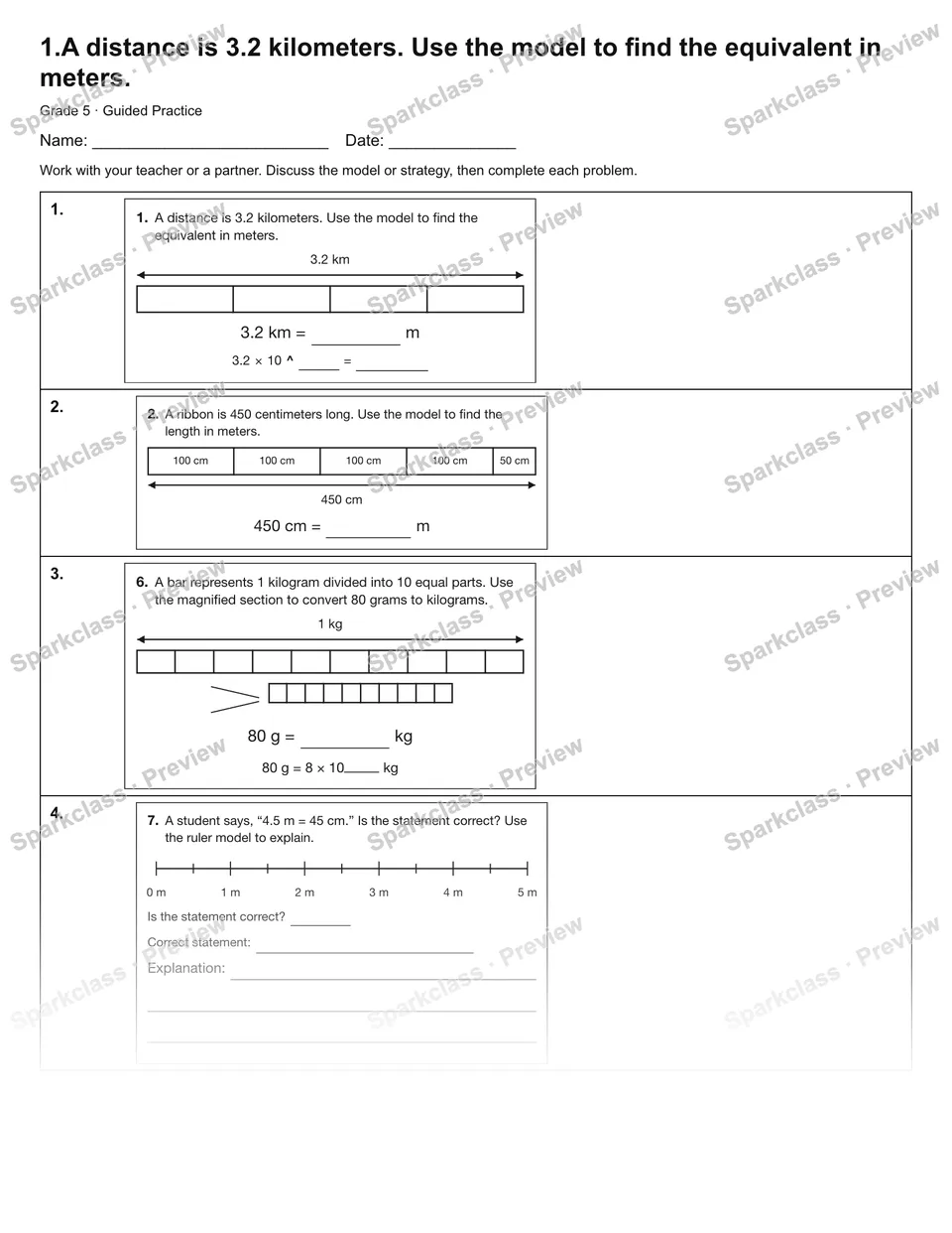1.A distance is 3.2 kilometers. Use the model to find the equivalent in meters. — Guided Practice — Grade 5 worksheet preview