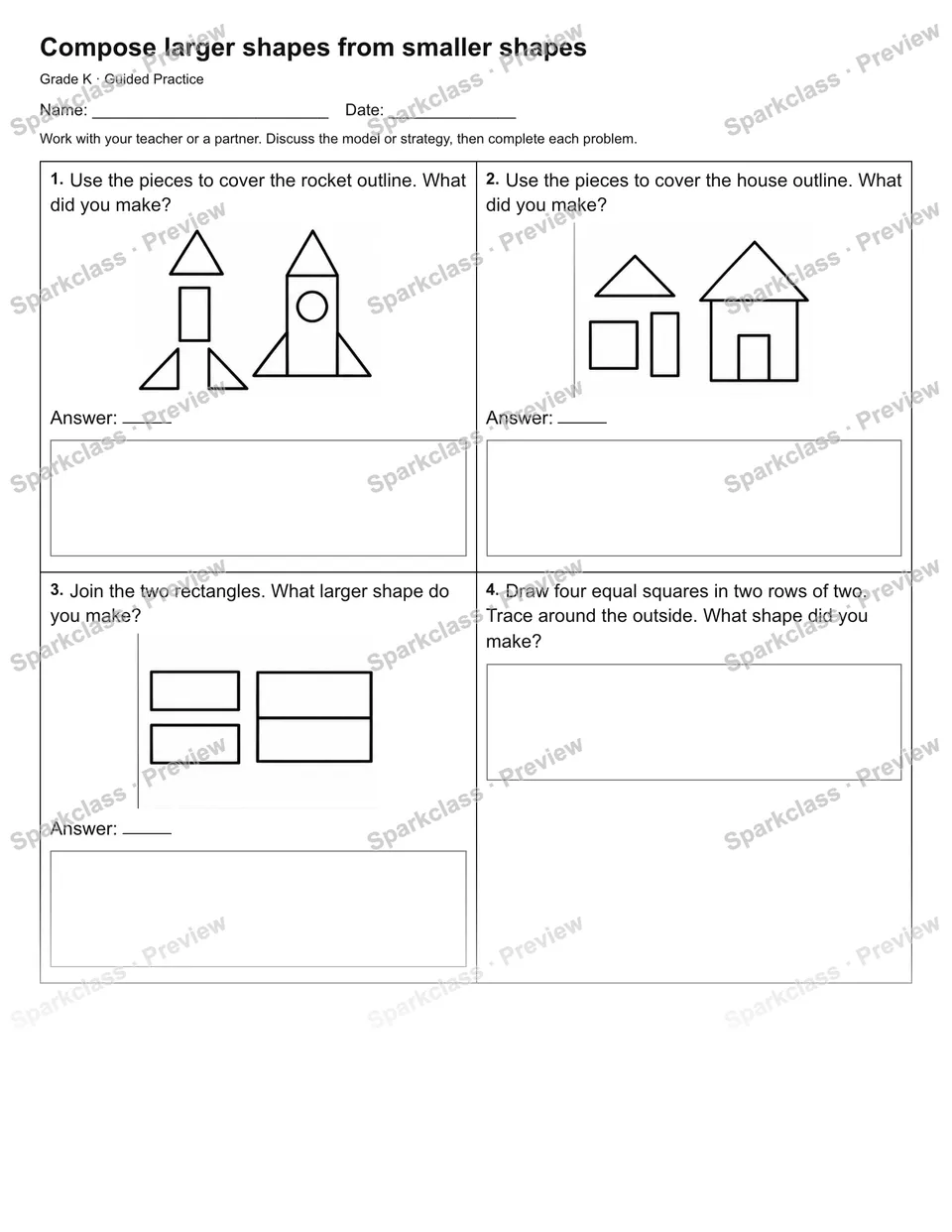 Compose larger shapes from smaller shapes — Guided Practice — Kindergarten worksheet preview