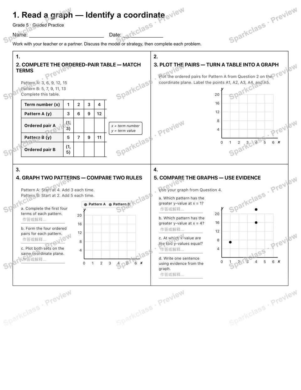 1. Read a graph — Identify a coordinate — Guided Practice — Grade 5 worksheet preview
