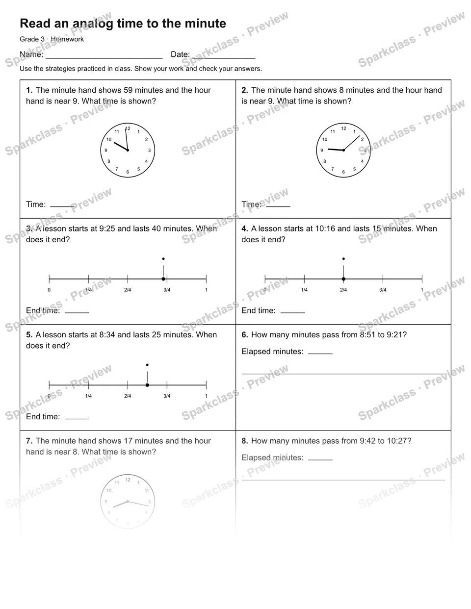 Read an analog time to the minute — Homework — Grade 3 worksheet preview