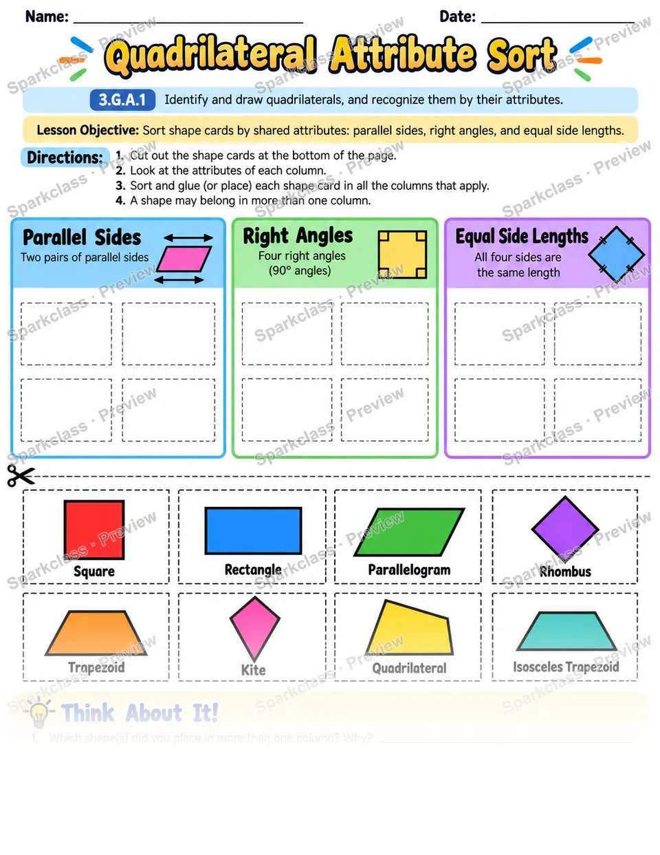 Quadrilateral Attribute Sort — Grade 3 worksheet preview