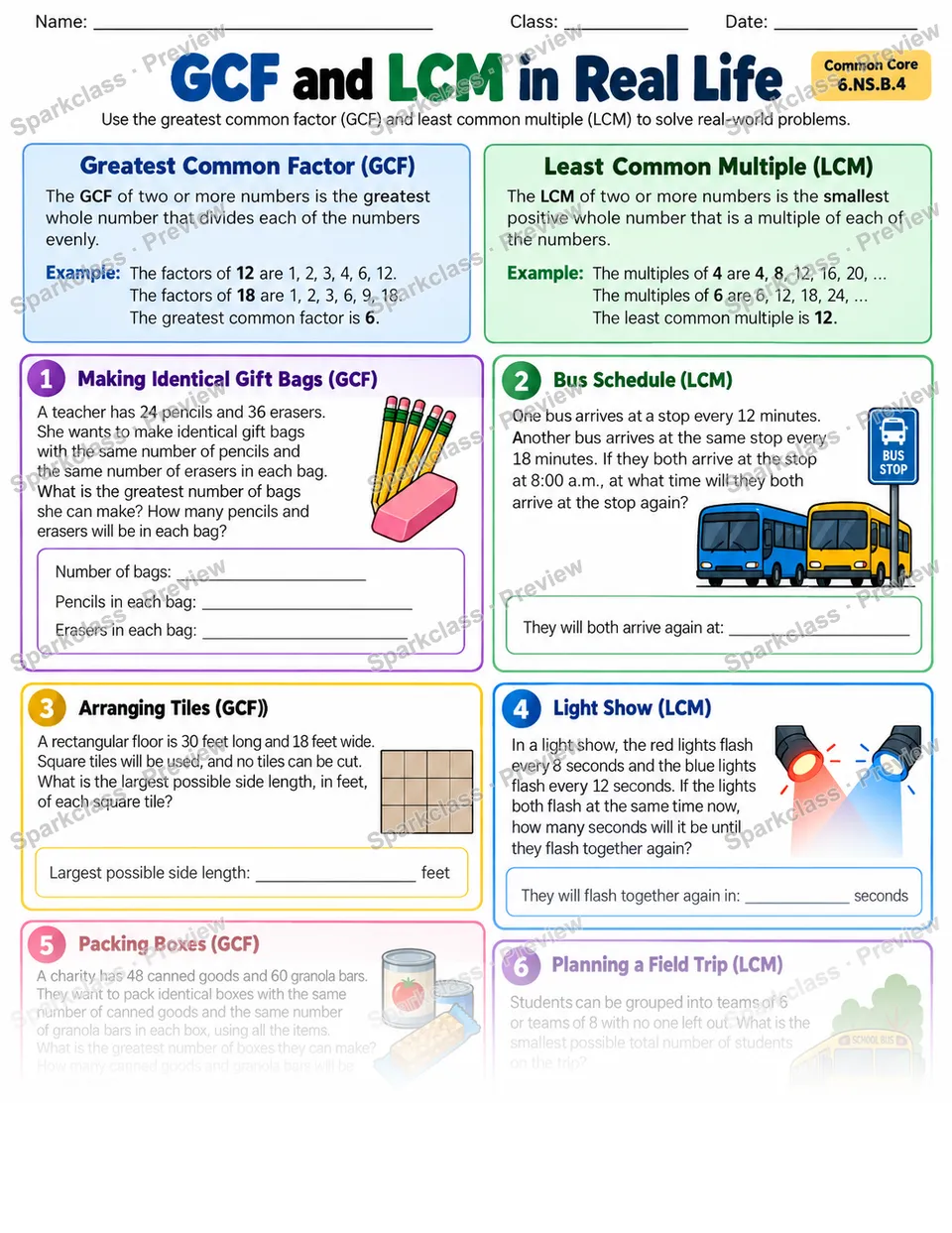 Gcf Lcm Real Life — Grade 6 worksheet preview
