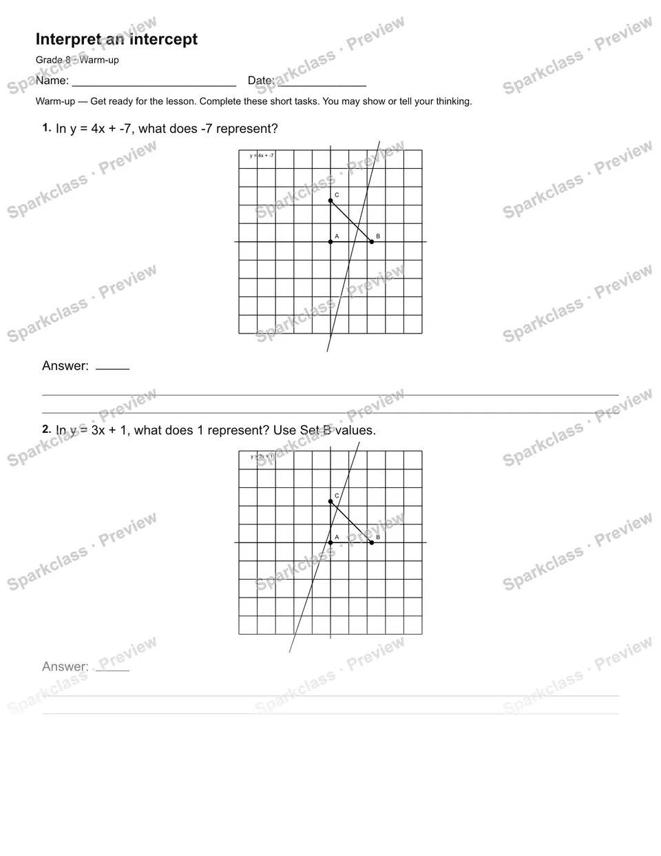 Interpret an intercept — Warm-up — Grade 8 worksheet preview