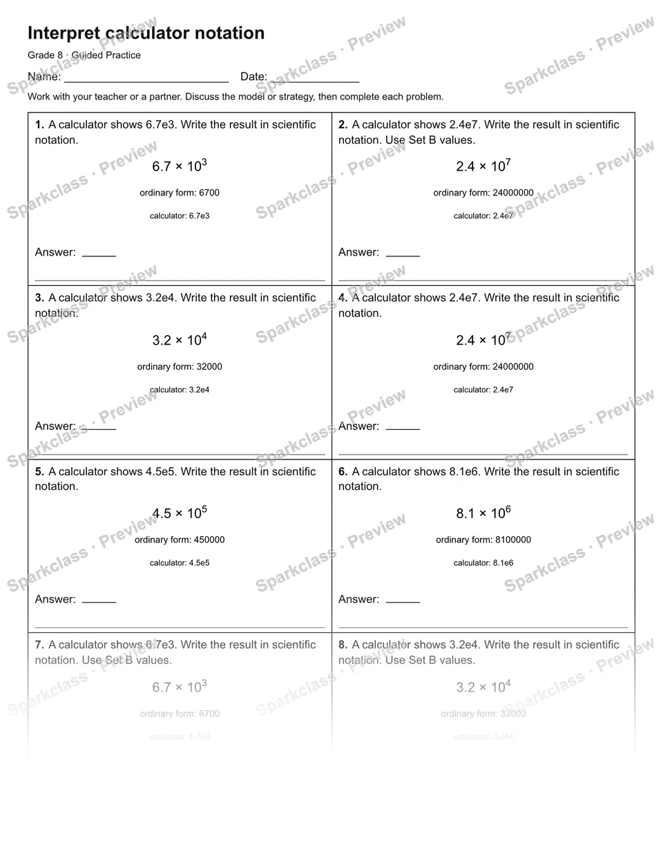 Interpret calculator notation — Guided Practice — Grade 8 worksheet preview