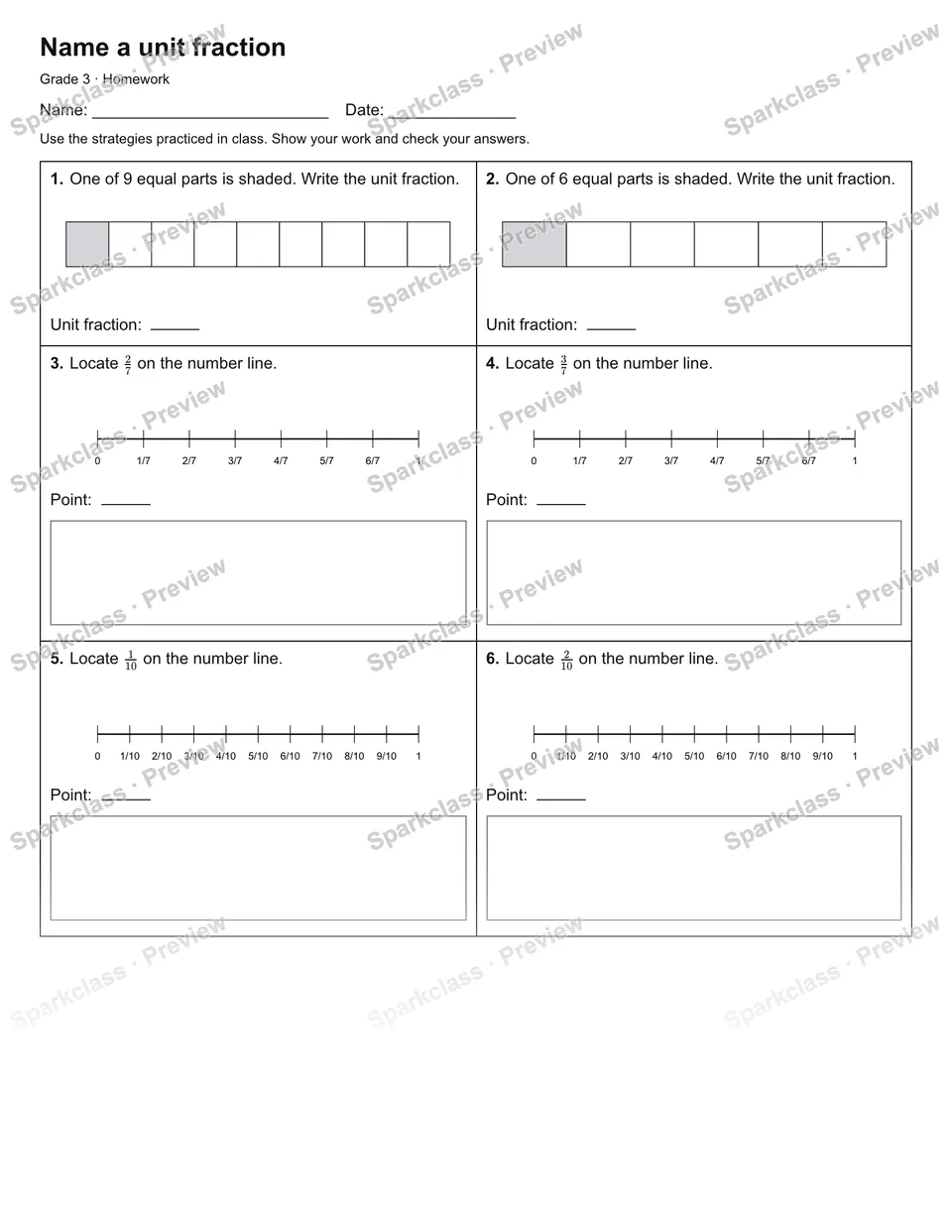 Name a unit fraction — Homework — Grade 3 worksheet preview