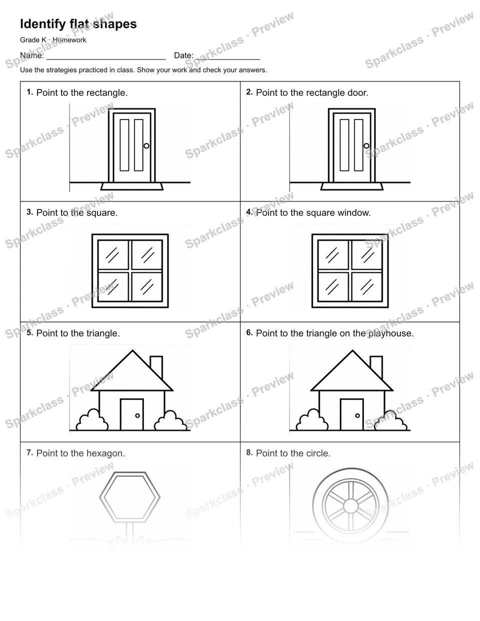 Identify flat shapes — Homework — Kindergarten worksheet preview