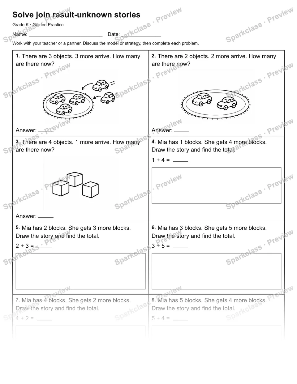 Solve join result-unknown stories — Guided Practice — Kindergarten worksheet preview