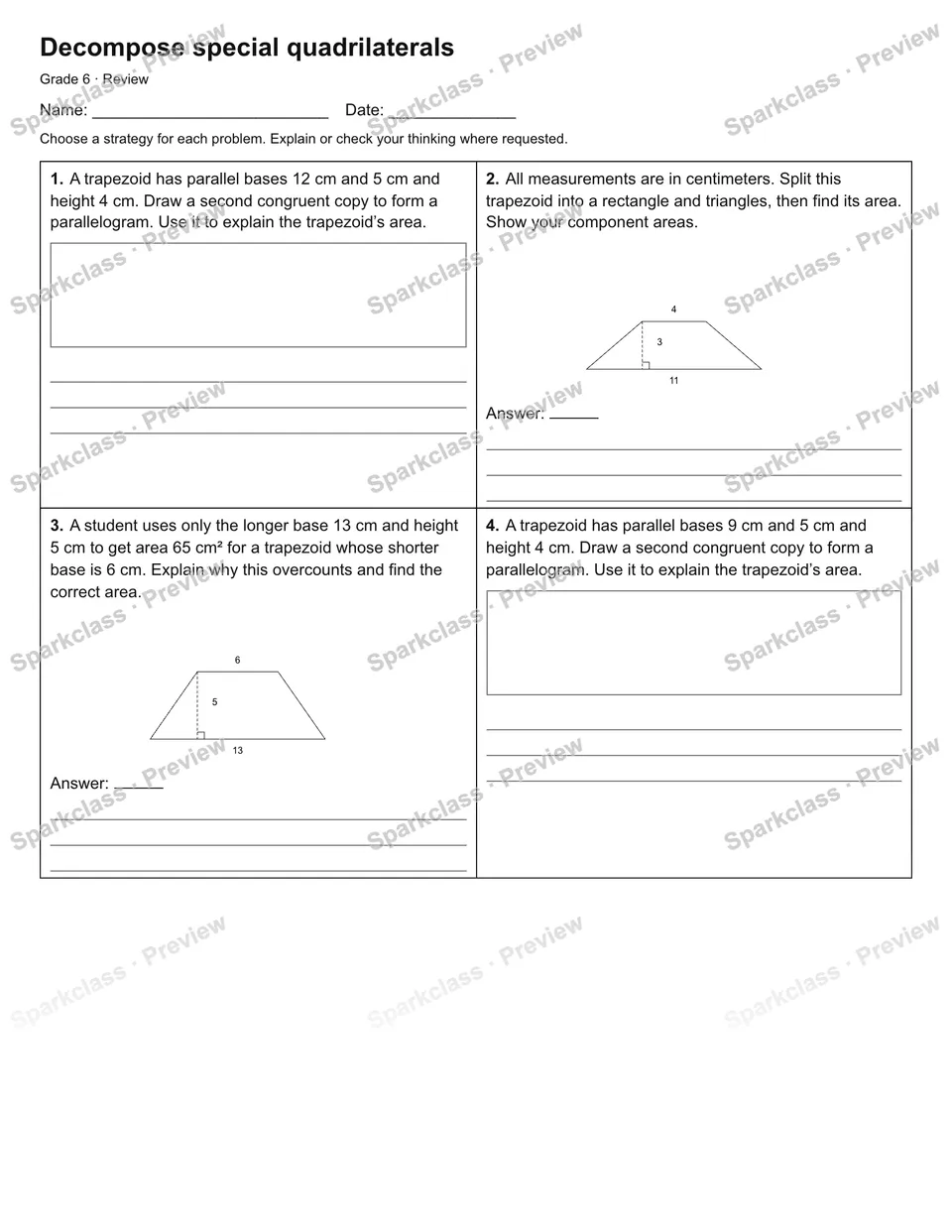 Decompose special quadrilaterals — Review — Grade 6 worksheet preview