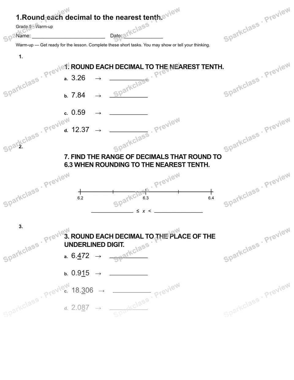1.Round each decimal to the nearest tenth. — Warm-up — Grade 5 worksheet preview