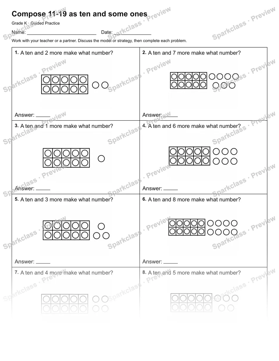 Compose 11-19 as ten and some ones — Guided Practice — Kindergarten worksheet preview