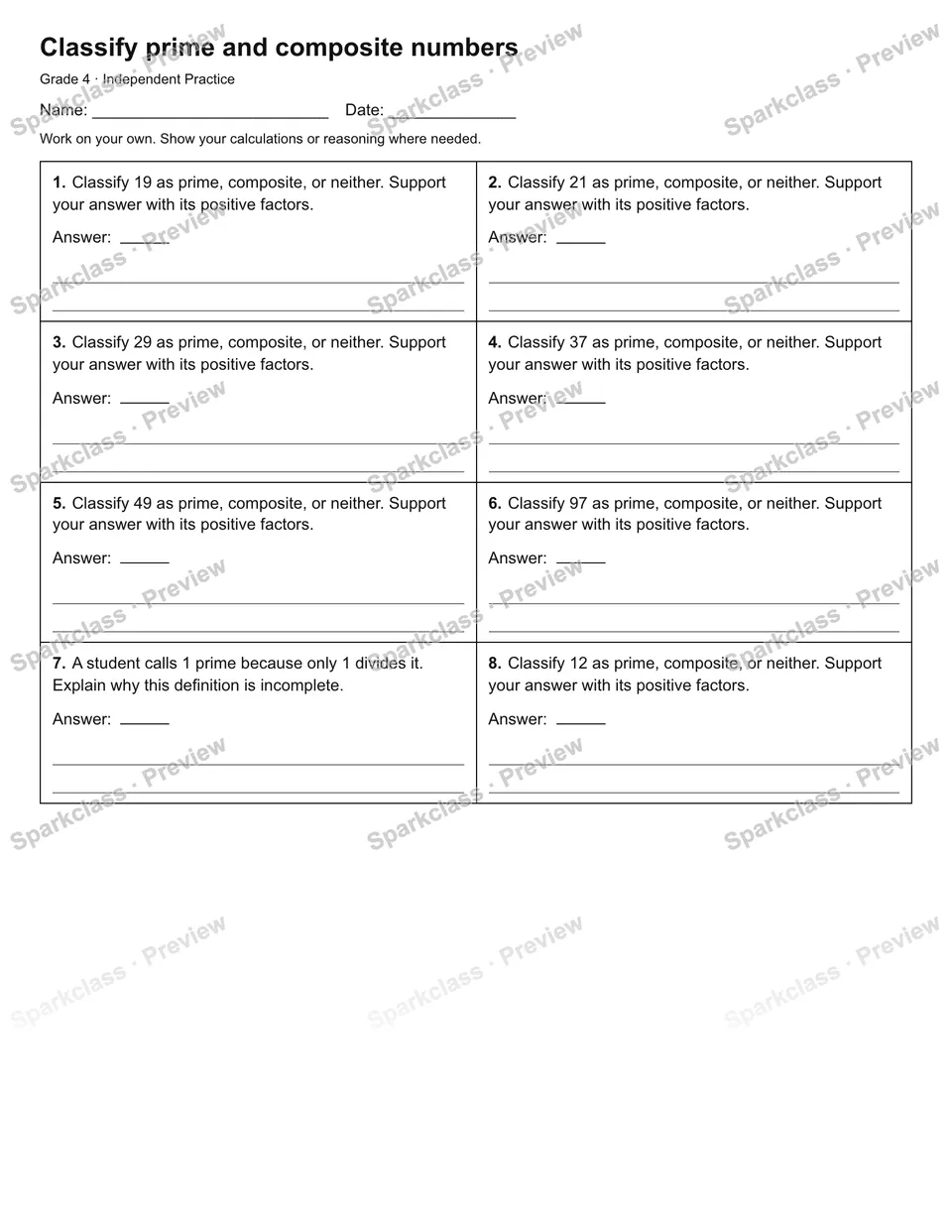 Classify prime and composite numbers — Independent Practice — Grade 4 worksheet preview