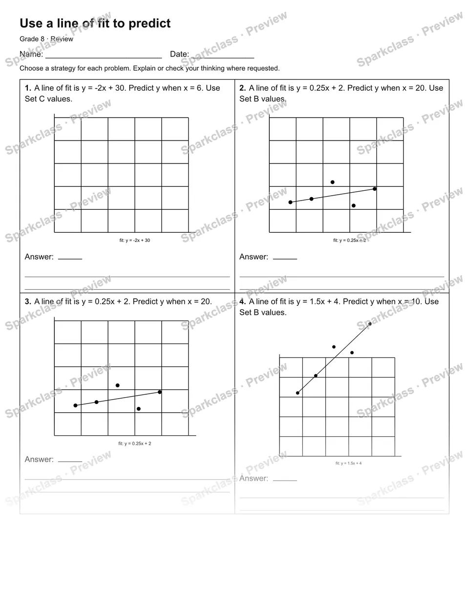 Use a line of fit to predict — Review — Grade 8 worksheet preview