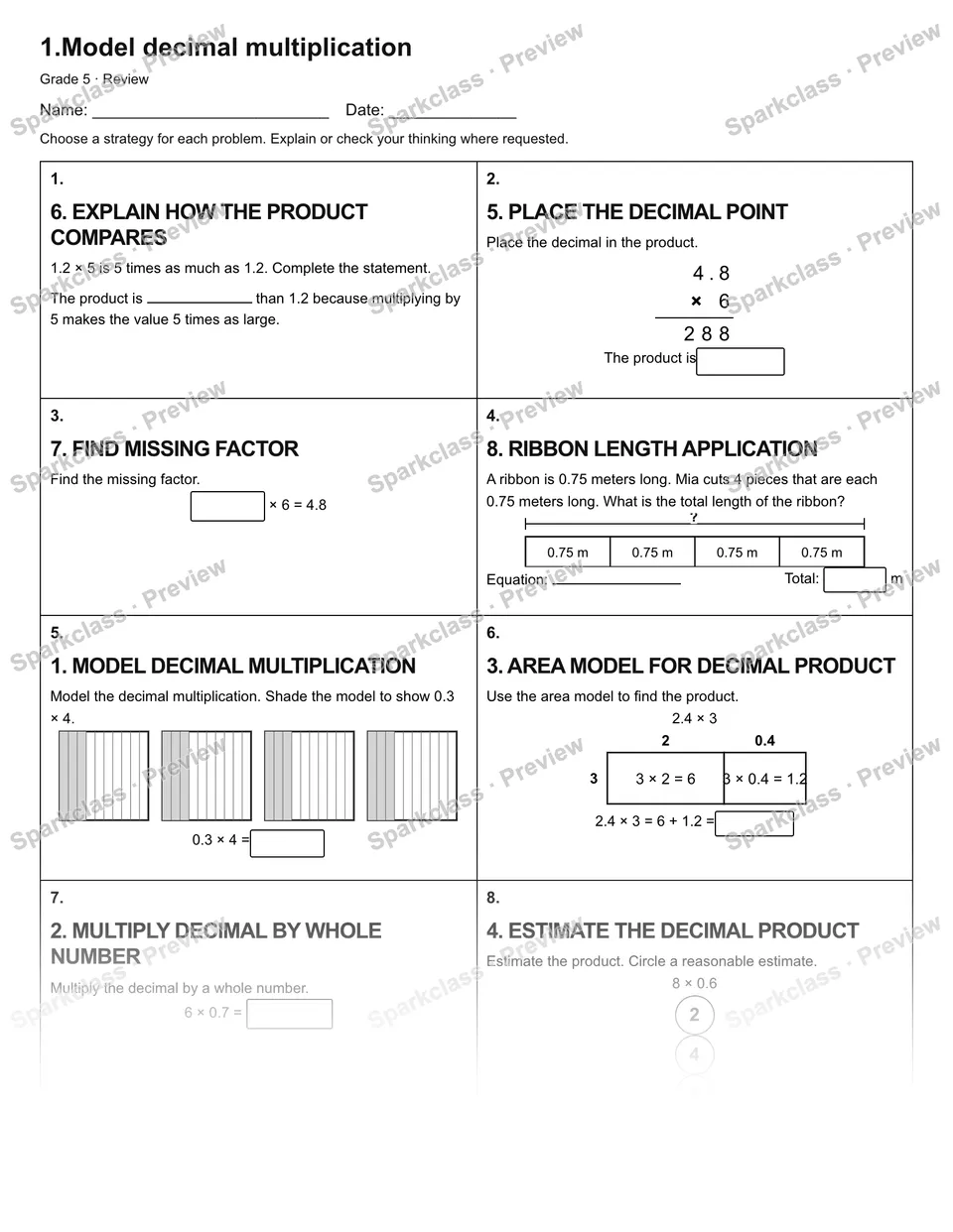1.Model decimal multiplication — Review — Grade 5 worksheet preview