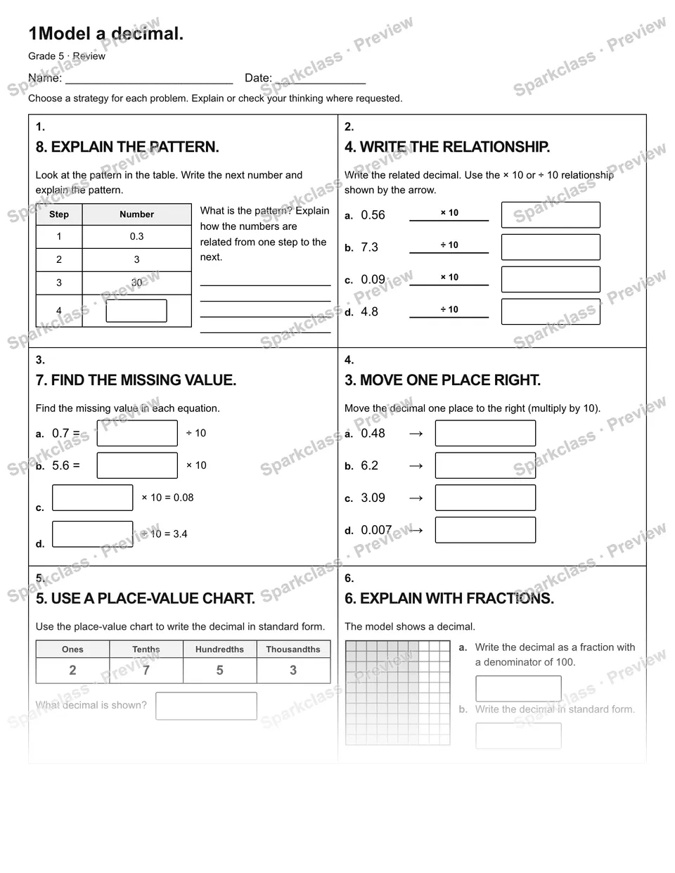 1Model a decimal. — Review — Grade 5 worksheet preview