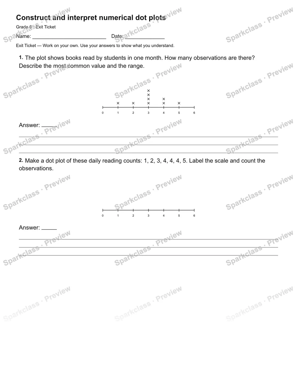 Construct and interpret numerical dot plots — Exit Ticket — Grade 6 worksheet preview