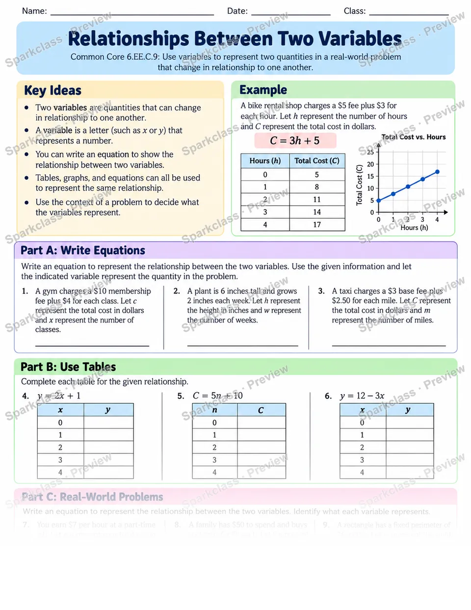 Variable Relationships — Grade 6 worksheet preview