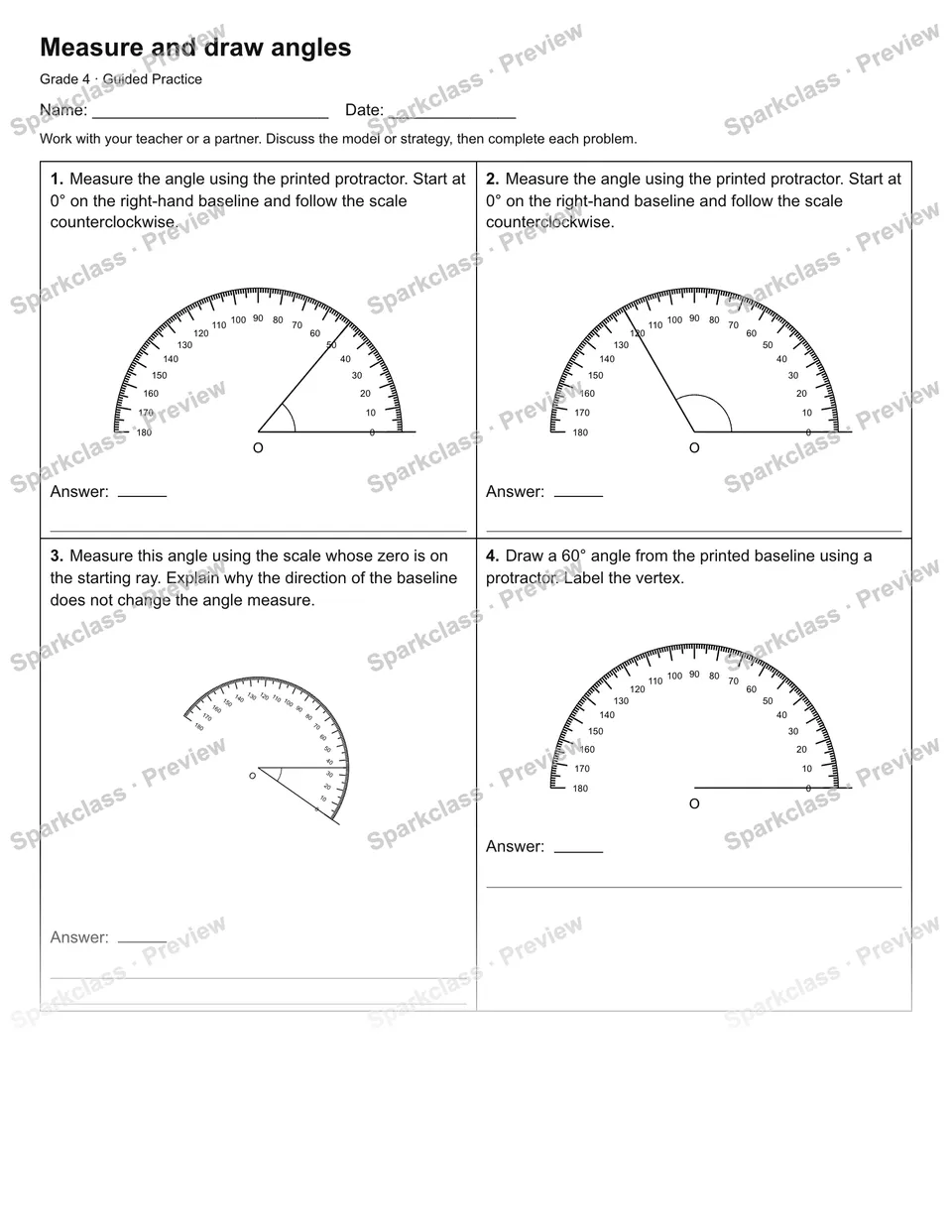 Measure and draw angles — Guided Practice — Grade 4 worksheet preview