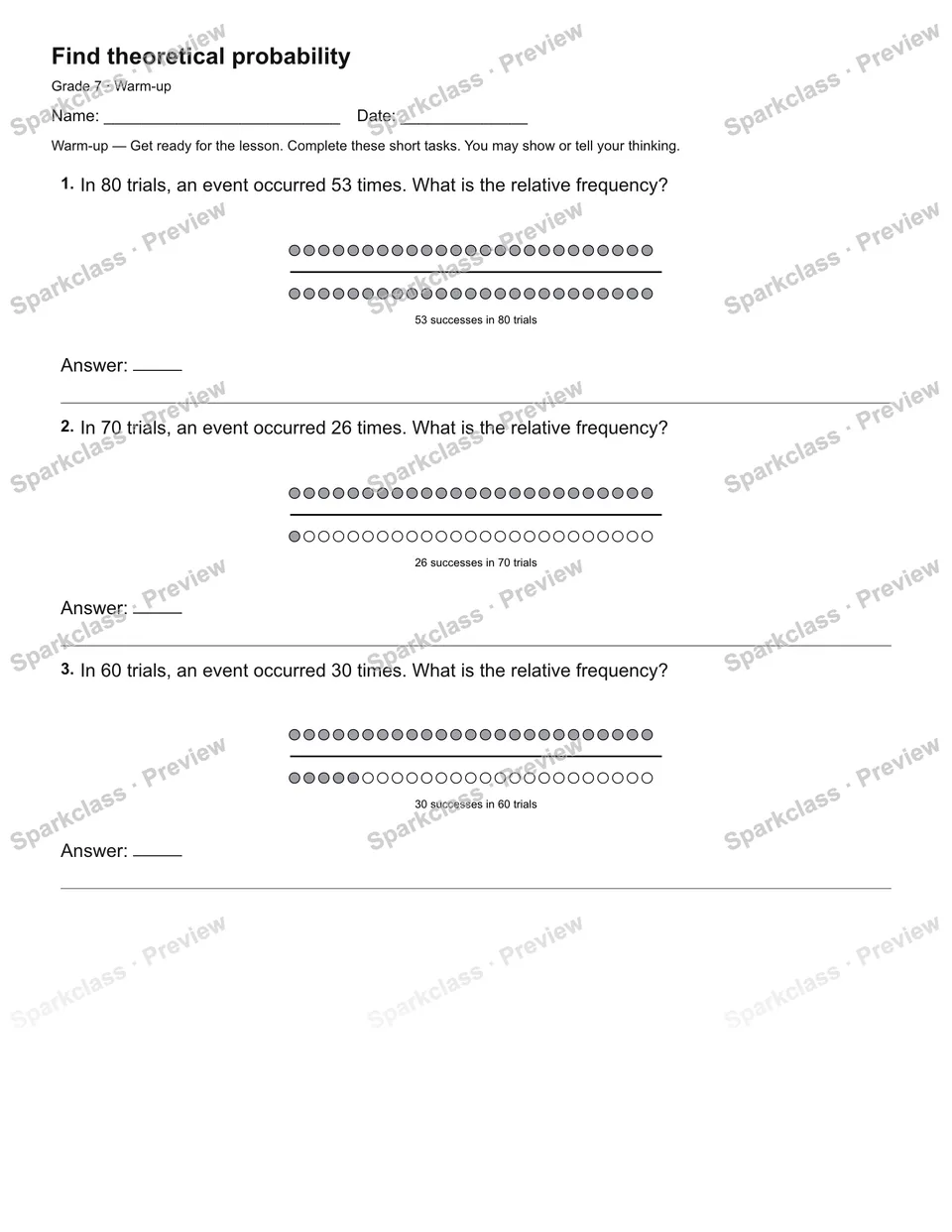 Find theoretical probability — Warm-up — Grade 7 worksheet preview