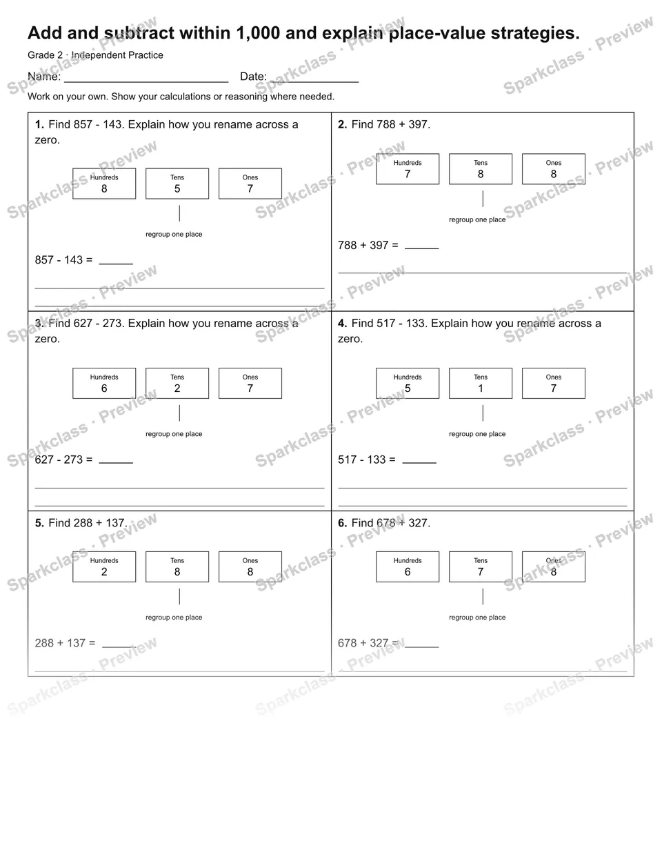 Add and subtract within 1,000 and explain place-value strategies. — Independent Practice — Grade 2 worksheet preview