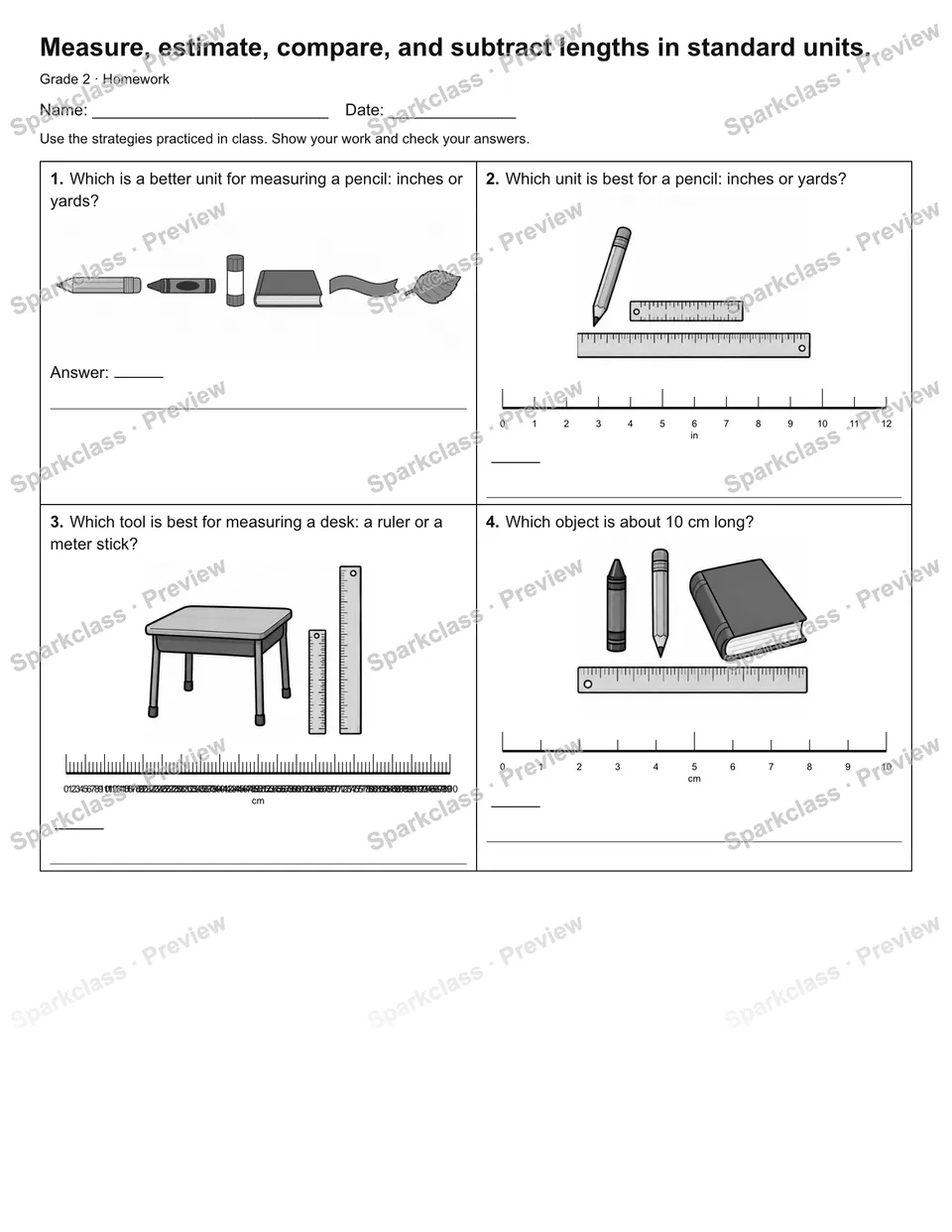 Measure, estimate, compare, and subtract lengths in standard units. — Homework — Grade 2 worksheet preview